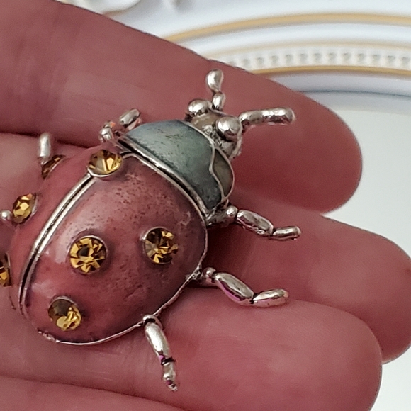 Ladybug dome brooch pin enamel crystals silver sparkly New vtg style - Picture 9 of 15